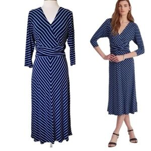 Lauren Ralph Lauren Chevron Striped Jersey Midi Dress Navy Light Blue